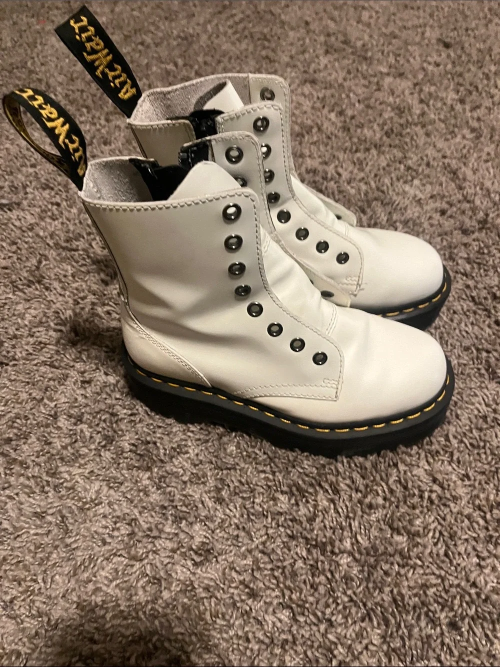 Dr. Martens White 8-Eye Lace-Up Combat Boots with Yellow Stitching